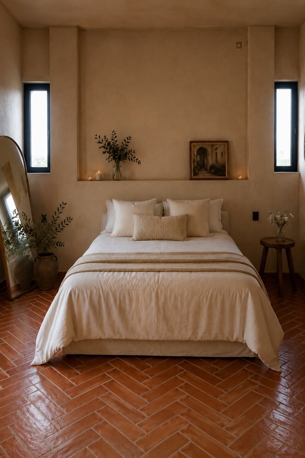 Bridal Room con cama blanca, luz natural y piso de barro
